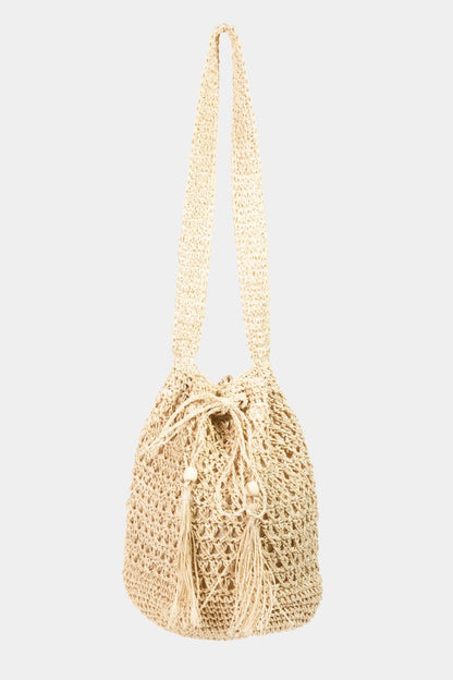 Fame Straw Braided Drawstring Tote Bag with Tassel