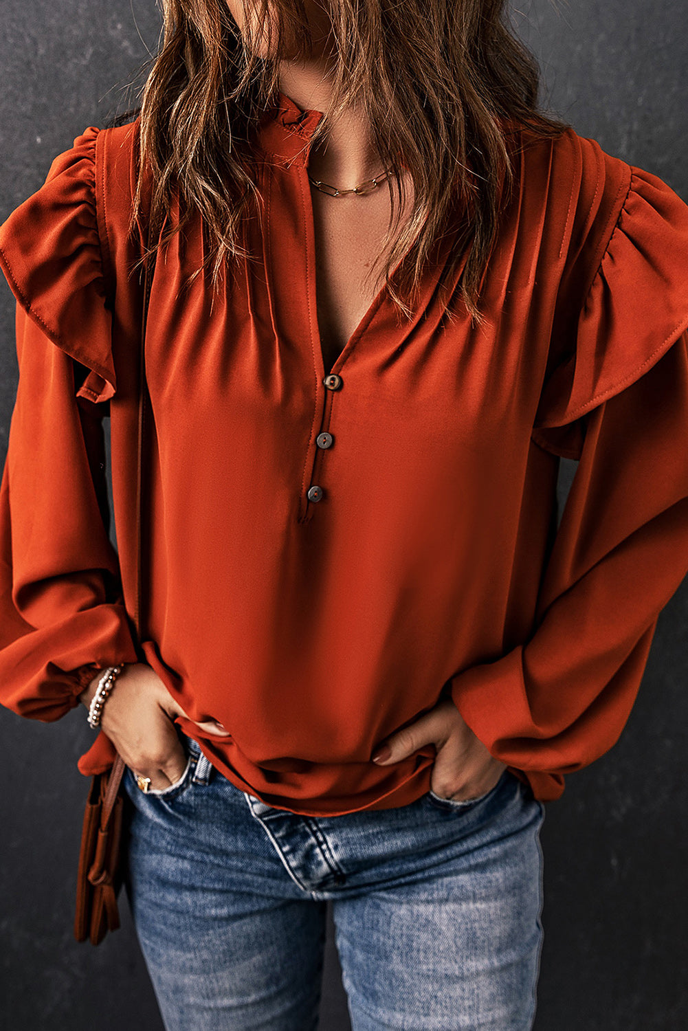 Orange Ruffled Pleated Buttoned V Neck Blouse