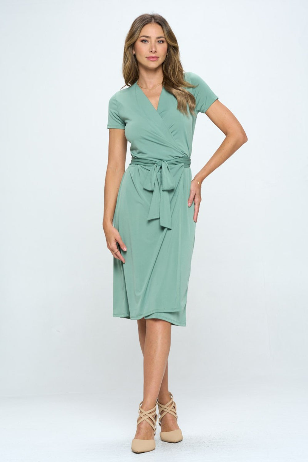 RENEE C Tie Front Surplice Short Sleeve Dress