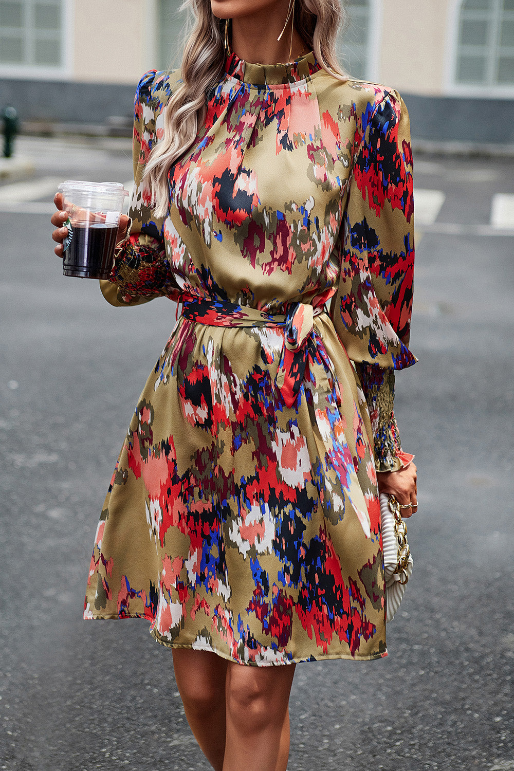 Printed Tie Waist Mock Neck Lantern Sleeve Dress