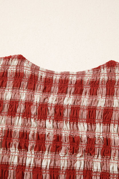 Red Plaid Print Smocked Puff Sleeve Mini Dress