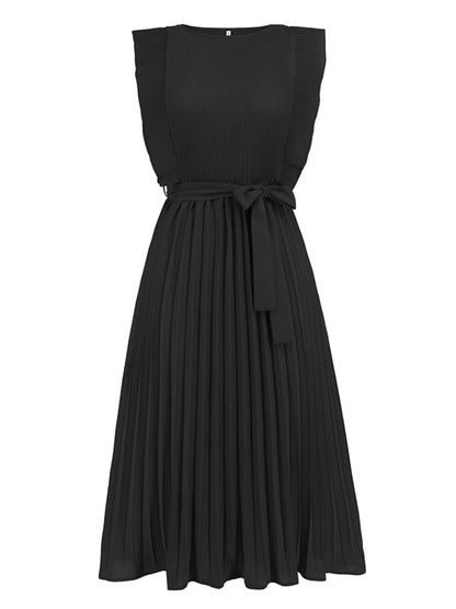 Tied Round Neck Pleated Midi Dress