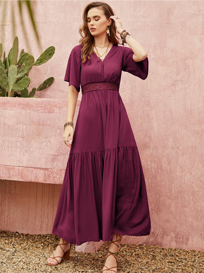 Openwork V-Neck Flare Sleeve Ruched Dress