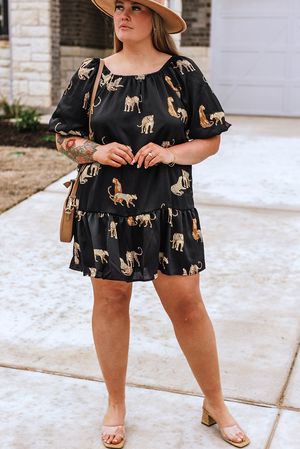 Black Plus Size Cheetah Print Puff Sleeve Ruffle Mini Dress