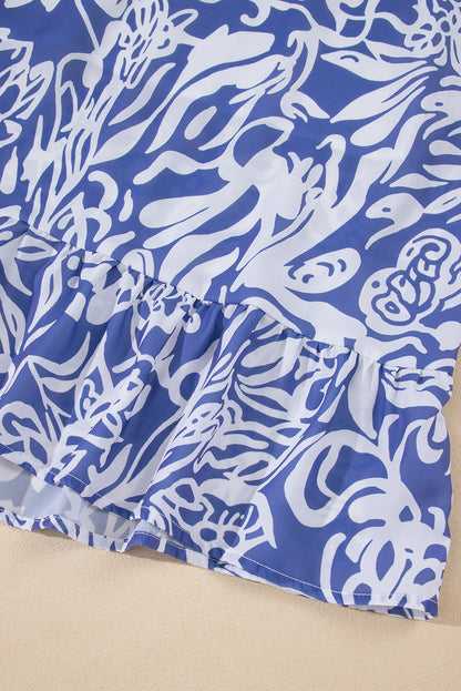 Sky Blue Floral Print Spaghetti Strap High Waist Maxi Dress