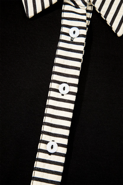 Black Stripe Detail Polo Collar Half Buttons Tied Short Sleeve Shift Mini Dress