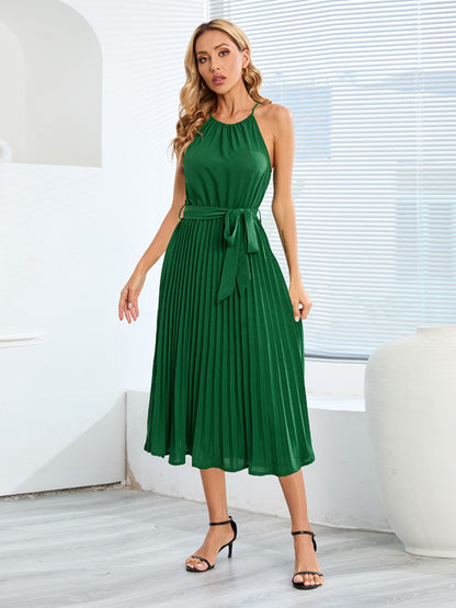 Pleated Spaghetti Strap Tie Waist Midi Dress