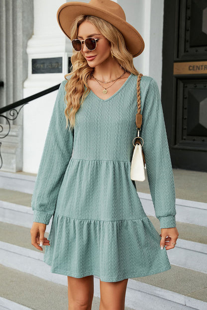 V-Neck Long Sleeve Mini Dress