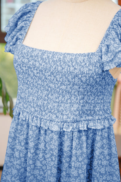Sky Blue Floral Print Square Neck Flutter Sleeve Smocked Tiered Mini Dress