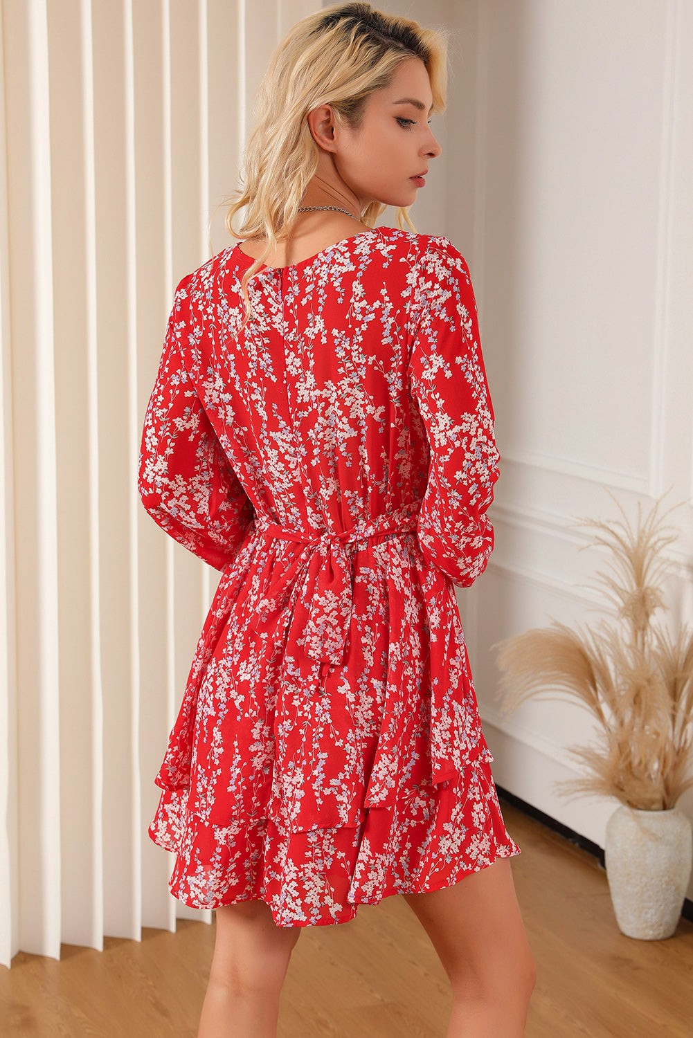 Printed Surplice Balloon Sleeve Layered Dress