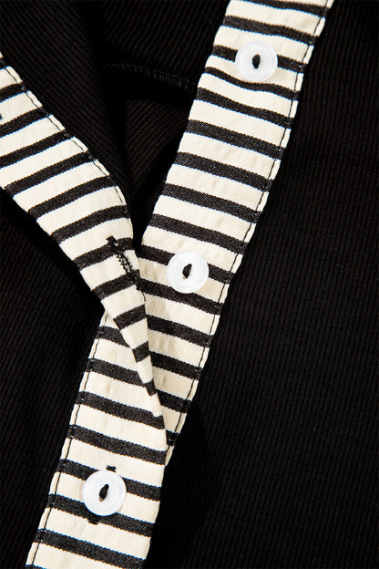 Black Stripe Detail Polo Collar Half Buttons Tied Short Sleeve Shift Mini Dress