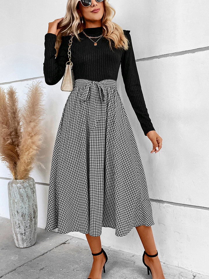 Ribbed Round Neck Long Sleeve Tie Waist Midi Dress