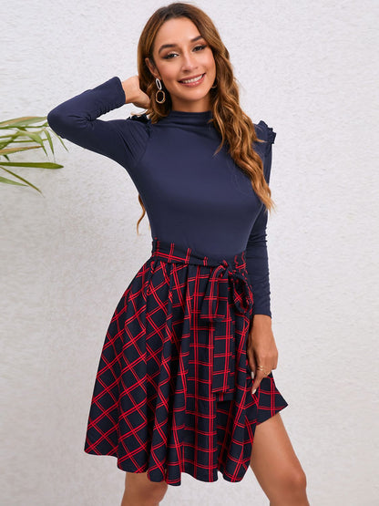 Plaid Tie Waist Ruffle Shoulder Dress