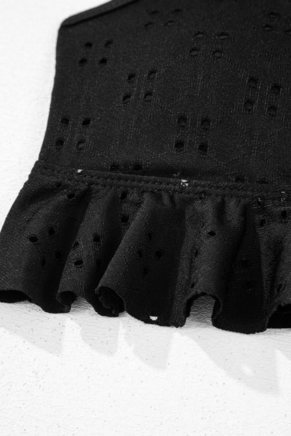 Black Eyelet Pattern Knotted Ruffle Trim 3pcs Bikini Set