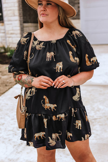 Black Plus Size Cheetah Print Puff Sleeve Ruffle Mini Dress