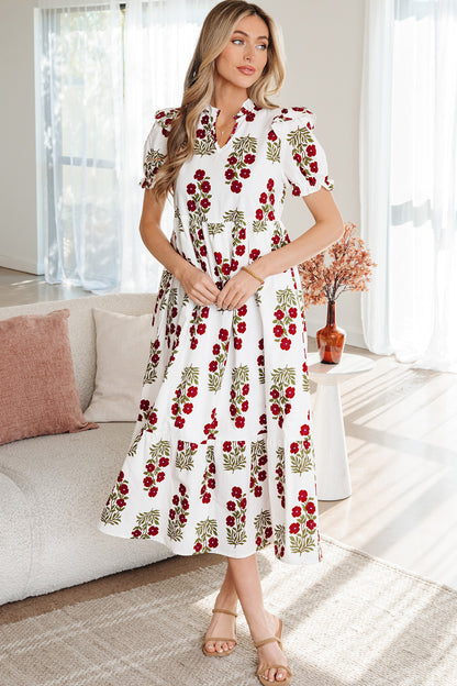 Black Floral Short Bubble Sleeve Tiered Maxi Dress