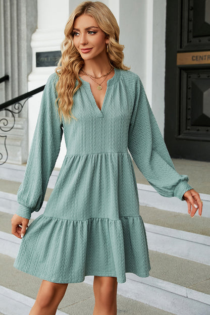 Ruched Notched Long Sleeve Mini Dress