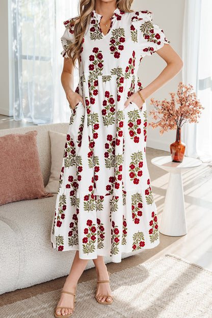 Black Floral Short Bubble Sleeve Tiered Maxi Dress
