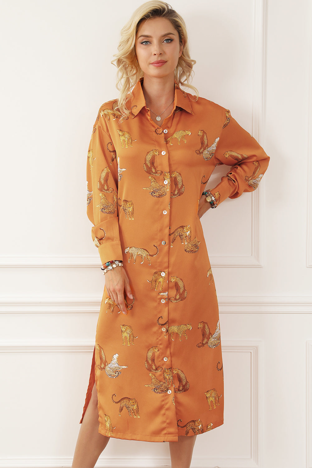 Animal Pattern Long Sleeve Slit Shirt Dress