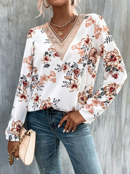 Printed V-Neck Long Sleeve Blouse