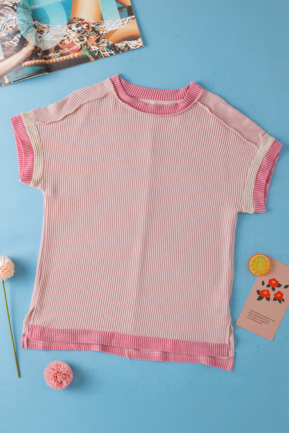 Bright Pink Textured Contrast Trim Round Neck T Shirt