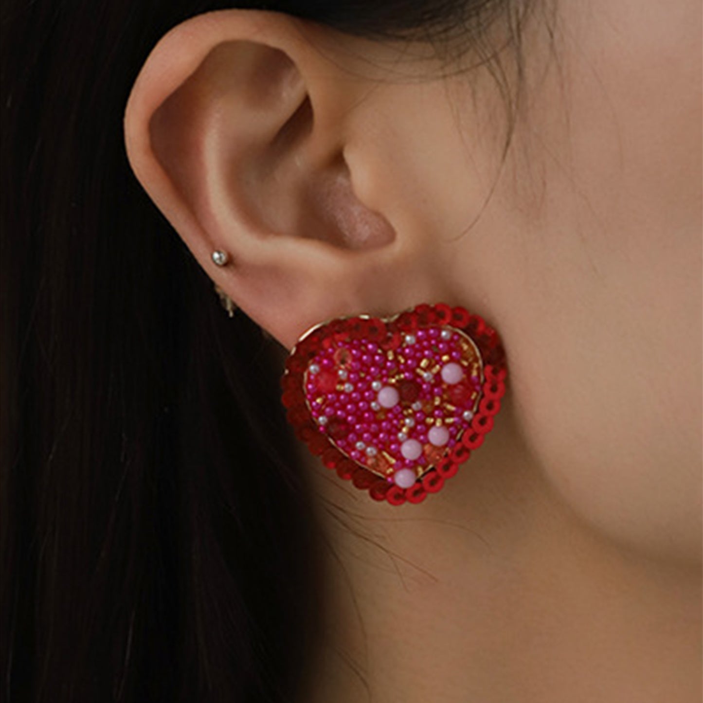 Sequin Heart Inlaid Bead Alloy Earrings