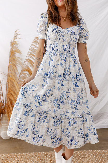 Sky Blue Smocked Bodice Short Puff Sleeve Tiered Floral Midi Dress