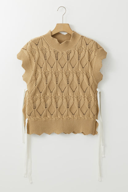 Light French Beige Hollowed Knit Scalloped Trim High Neck Sweater