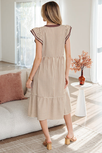 Black Stripe Double Ruffled Short Sleeve Contrast Trim V Neck Midi Dress