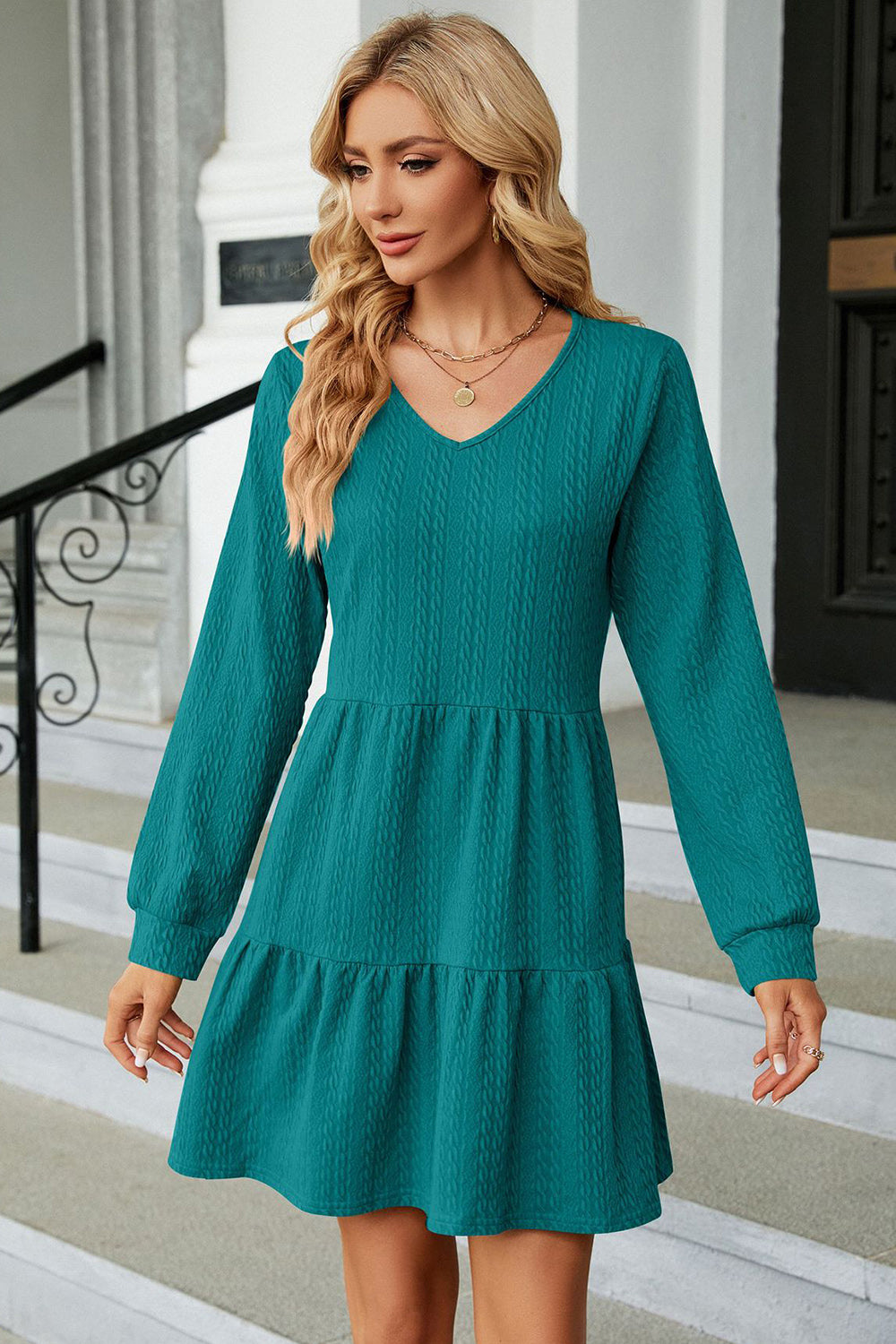 V-Neck Long Sleeve Mini Dress