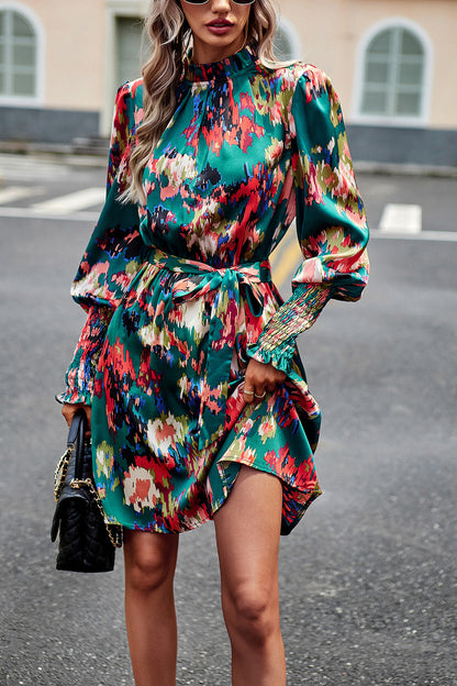 Printed Tie Waist Mock Neck Lantern Sleeve Dress