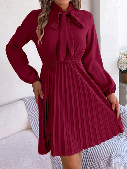 Tie Neck Balloon Sleeve Pleated Dress