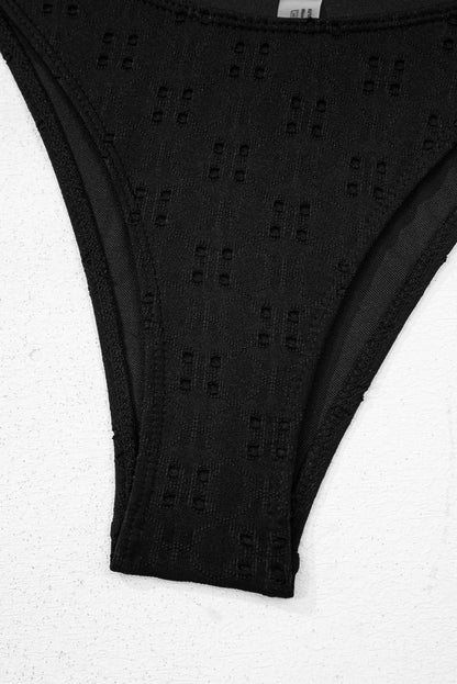 Black Eyelet Pattern Knotted Ruffle Trim 3pcs Bikini Set