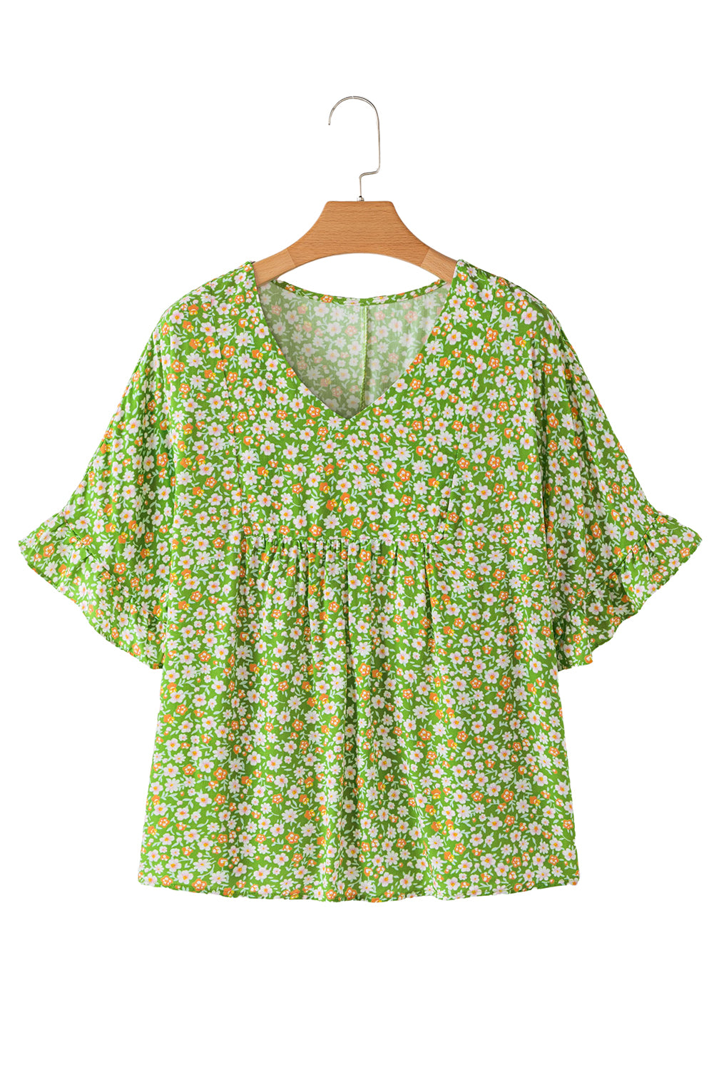 Green Floral Print Ruffle Sleeve V Neck Blouse Top