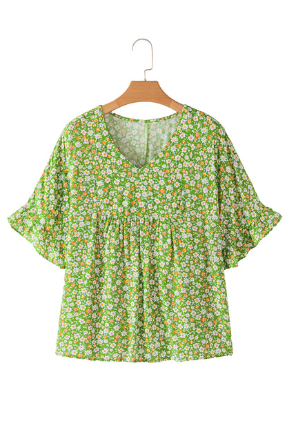 Green Floral Print Ruffle Sleeve V Neck Blouse Top