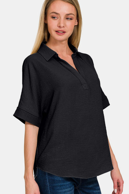 Zenana Full Size Texture Collared Neck Short Sleeve Top