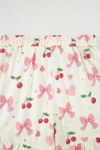 White Floral Print Contrast Pipping Short Pajamas Set