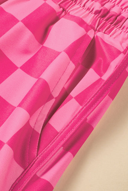 Black Checkered Drawstring Elastic Waist Casual Shorts