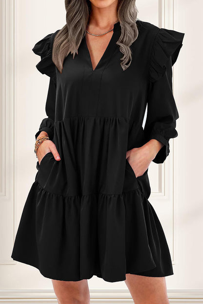 Black V Neck Tiered Ruffled Dress with Pockets