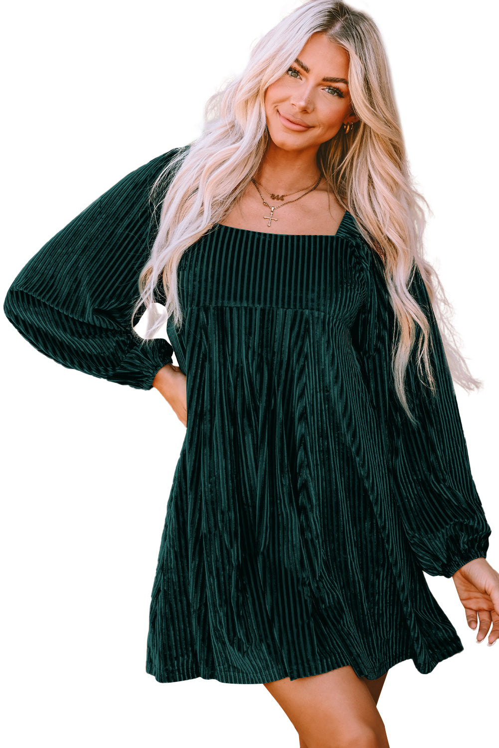 Green Tie Back Square Neck Velvet Babydoll Dress