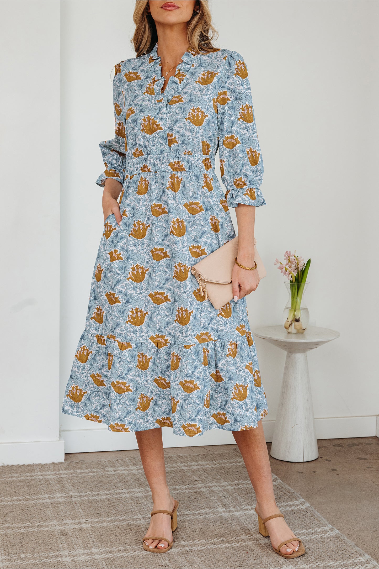 Brown Floral Printed Frilled V Neck Bracelet Sleeve Long Dress
