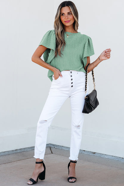 Sleet Solid Color Textured Flutter Sleeve Top
