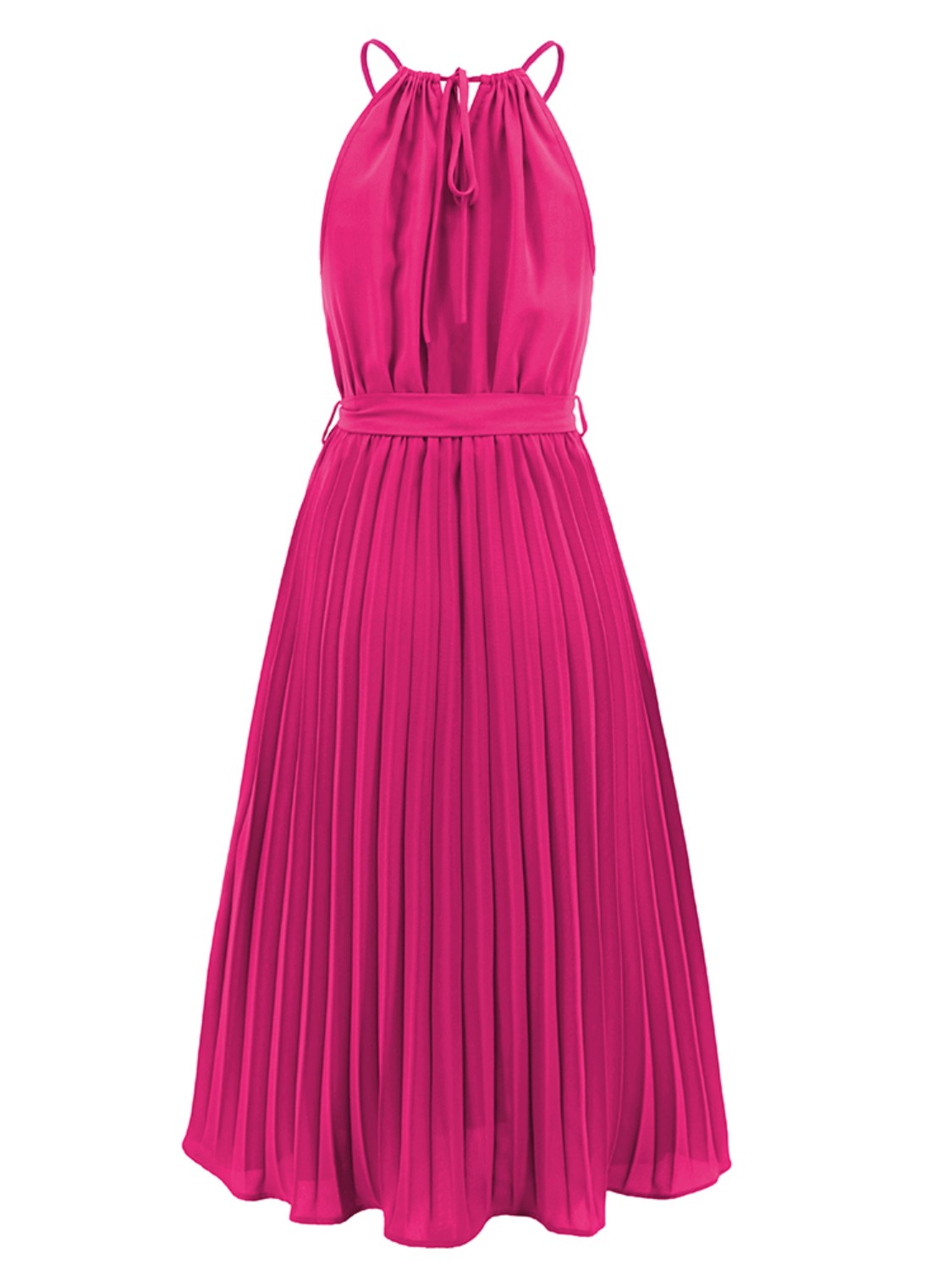 Pleated Spaghetti Strap Tie Waist Midi Dress