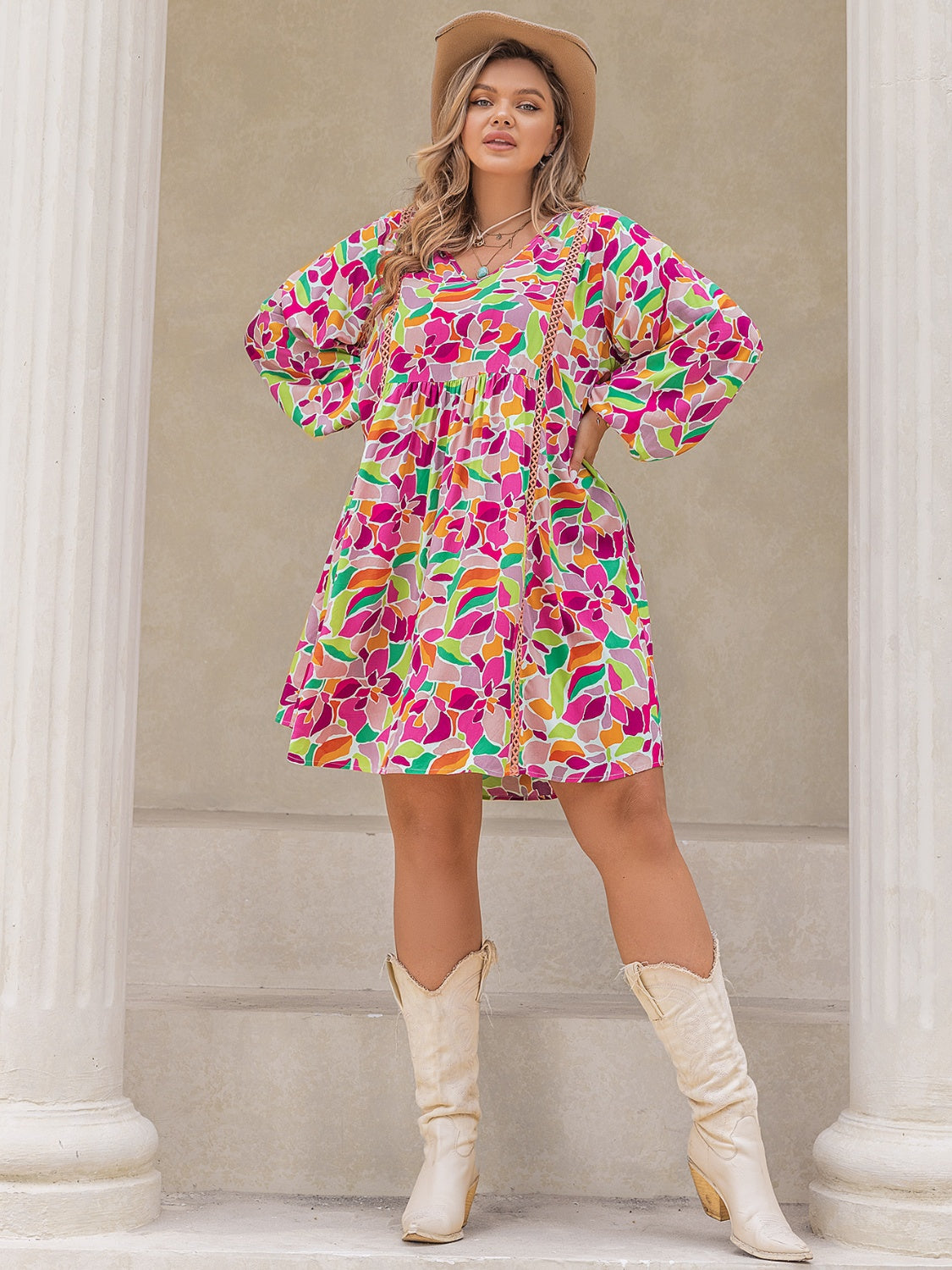 Plus Size Printed V-Neck Balloon Sleeve Mini Dress