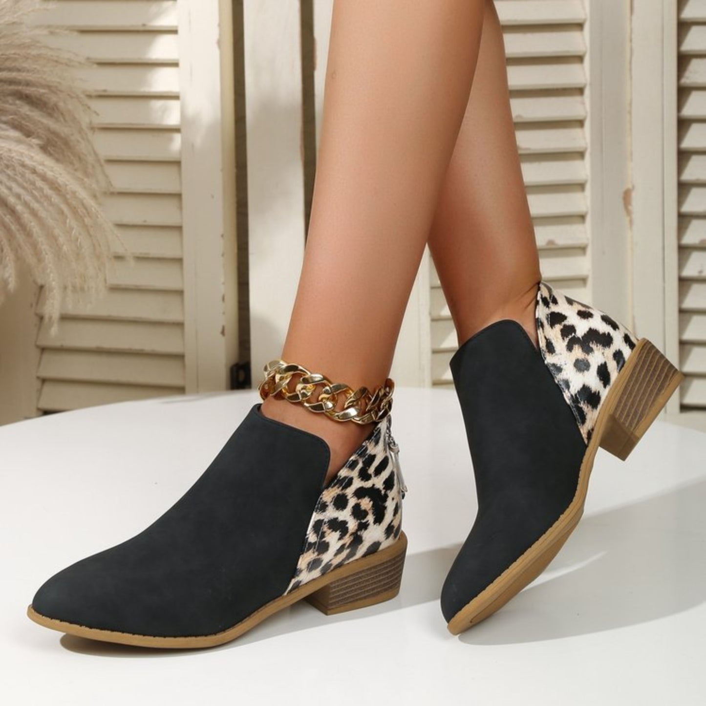 PU Leather Leopard Low Heel Boots