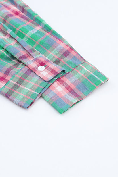 Green Plaid Long Sleeve Button Down Split Shirt