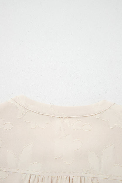 Parchment Long Sleeve Notched Neck Jacquard Tiered Mini Dress