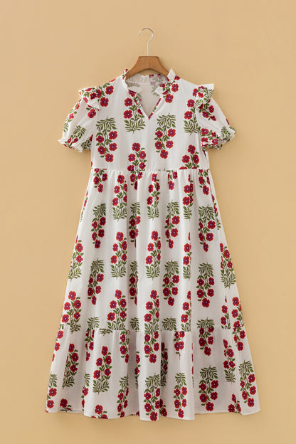 White Floral Print V Neck 3/4 Sleeve Loose Mini Dress