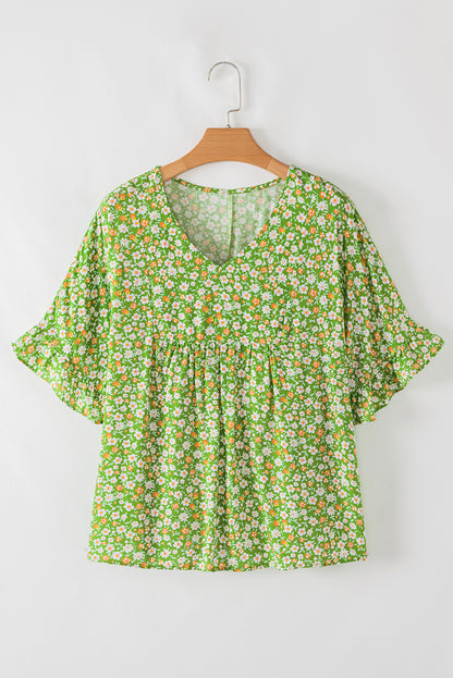 Green Floral Print Ruffle Sleeve V Neck Blouse Top