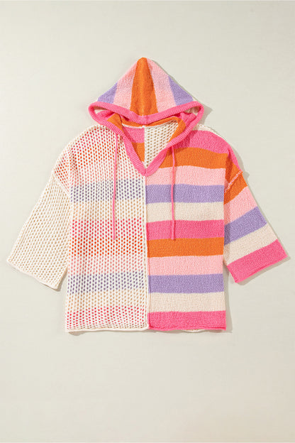 Beige Oversized Colorblock V Neck Hooded Sweater